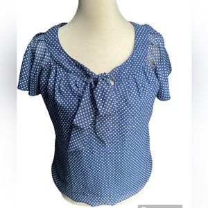 Sara Michelle Blue White Polka Dot Ribbon Front Flutter Sleeve Blouse  Size PS